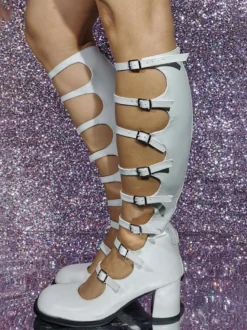 Bottes blanches à talons épais bout carré détail boucle bottes à talons doux