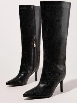 Bottes bordeaux montantes à bout pointu et talons hauts à motif serpent