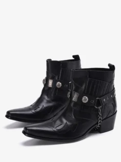 Bottes à bout pointu noires pour hommes talons moyens chaînes décoratives bottines