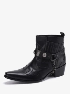Bottes à bout pointu noires pour hommes talons moyens chaînes décoratives bottines