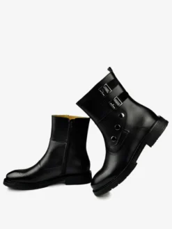 Bottes Chelsea Chaussures Hommes En Cuir De Vache Marron Foncé Boucle À Bout Rond