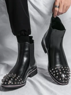 Bottes Chelsea pour hommes bout rond riveté antidérapantes imperméables à enfiler bottes courtes portables