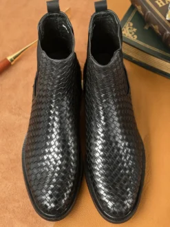 Bottes Chelsea pour hommes Bottines courtes à bout rond en cuir de vachette noir