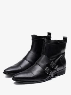 Bottes Chelsea pour hommes en cuir de vache noir à bout pointu et boucle à la cheville