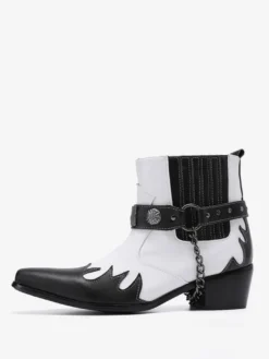 Bottes Chelsea pour hommes en cuir de vachette blanc à bout carré avec chaînes et cheville