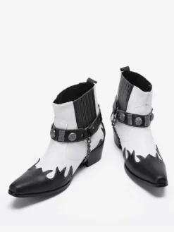 Bottes Chelsea pour hommes en cuir de vachette blanc à bout carré avec chaînes et cheville