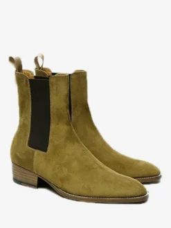 Bottes Chelsea pour hommes en cuir suédé olive à bout pointu et bottines de bal