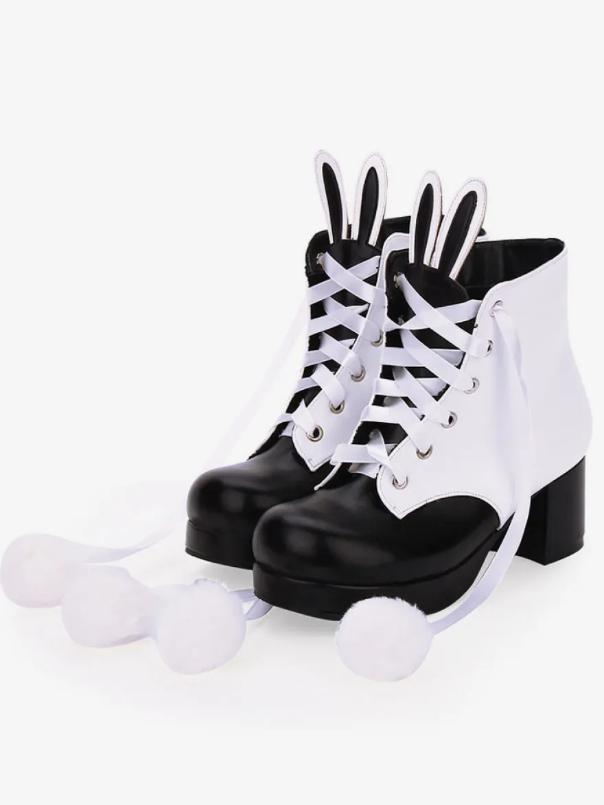 Bottes classiques lolita bottes oreille de lapin pom pom à deux tons chaussures chunky à talons hauts Lolita Déguisements Halloween