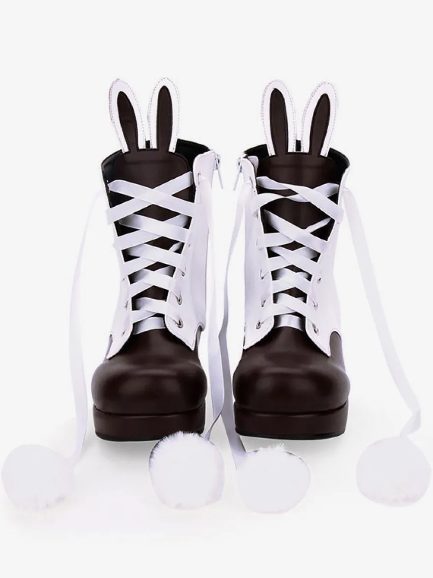 Bottes classiques lolita bottes oreille de lapin pom pom à deux tons chaussures chunky à talons hauts Lolita Déguisements Halloween