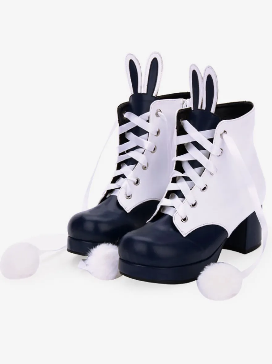 Bottes classiques lolita bottes oreille de lapin pom pom à deux tons chaussures chunky à talons hauts Lolita Déguisements Halloween
