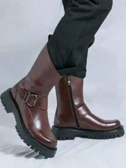 Bottes courtes pour hommes semelle épaisse boucle en acier chaussures en cuir avec semelle antidérapante chaussures décontractées et robustes