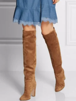 Bottes cuissardes en daim à bout rond et talon épais
