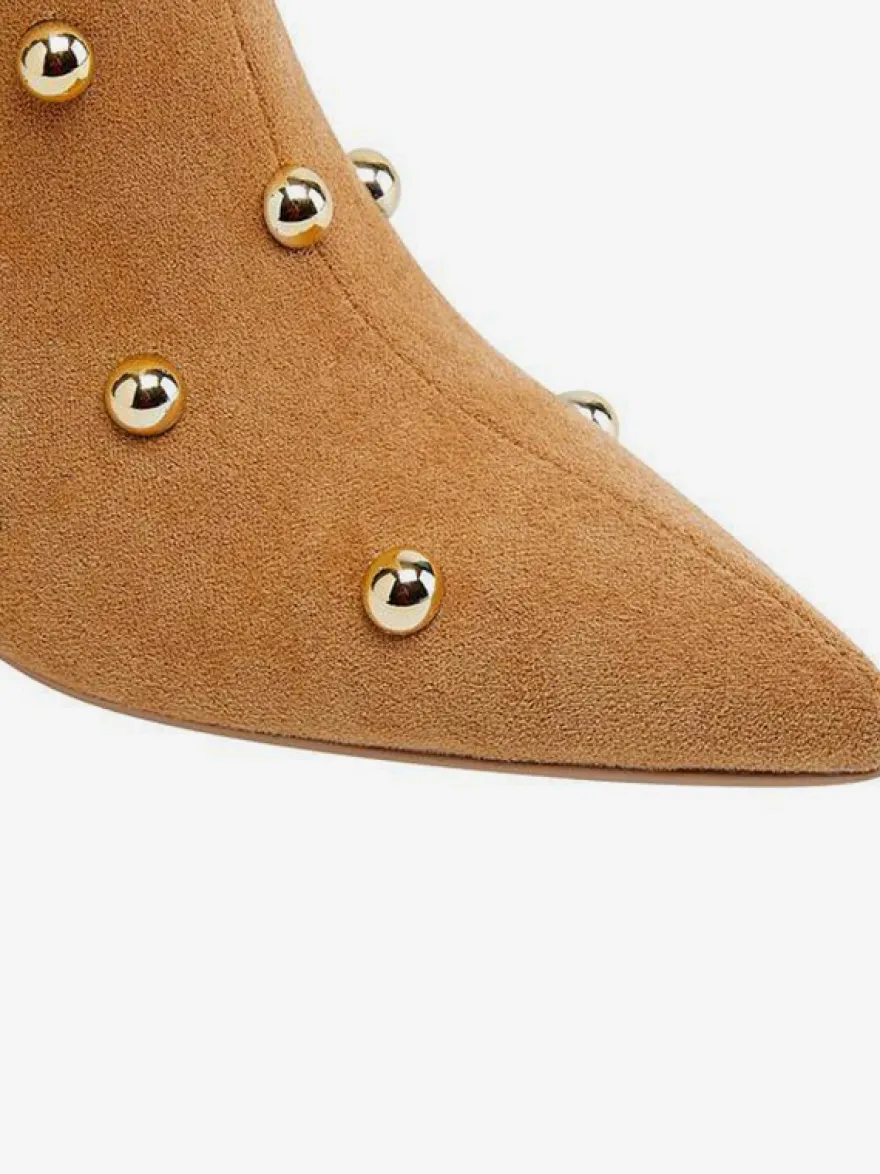 Bottes cuissardes en daim à bout pointu et talons hauts perlés
