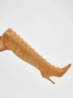 Bottes cuissardes en daim à bout pointu et talons hauts perlés