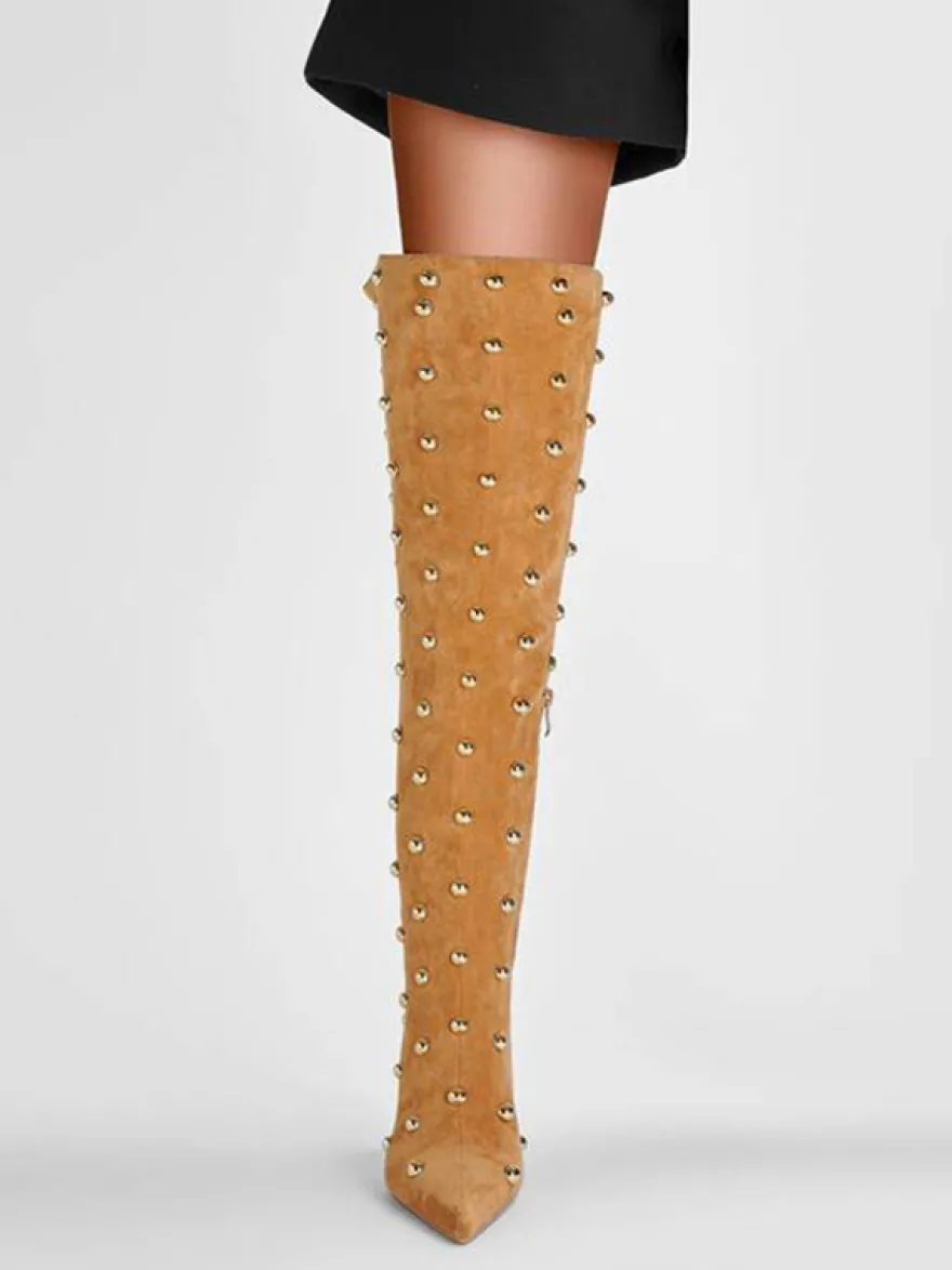 Bottes cuissardes en daim à bout pointu et talons hauts perlés