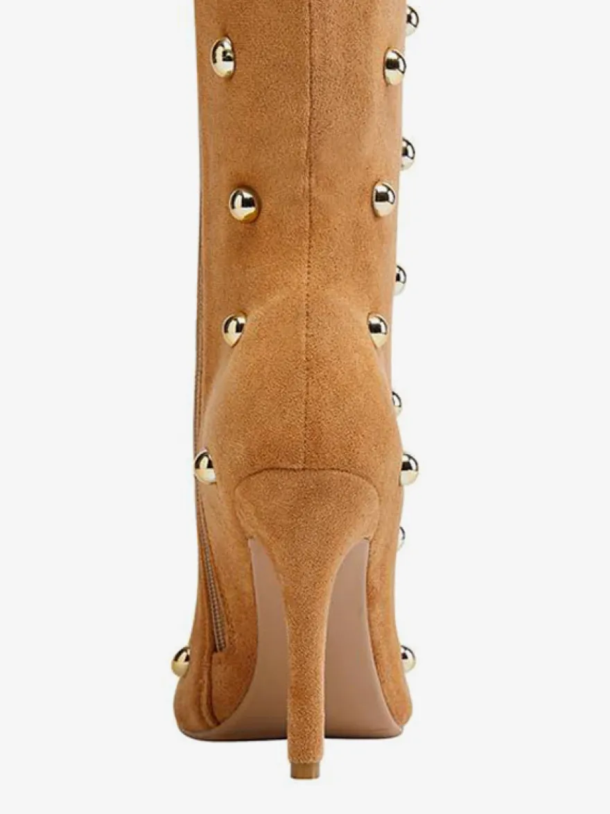 Bottes cuissardes en daim à bout pointu et talons hauts perlés