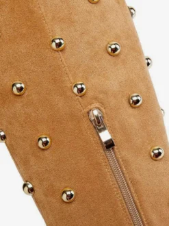Bottes cuissardes en daim à bout pointu et talons hauts perlés