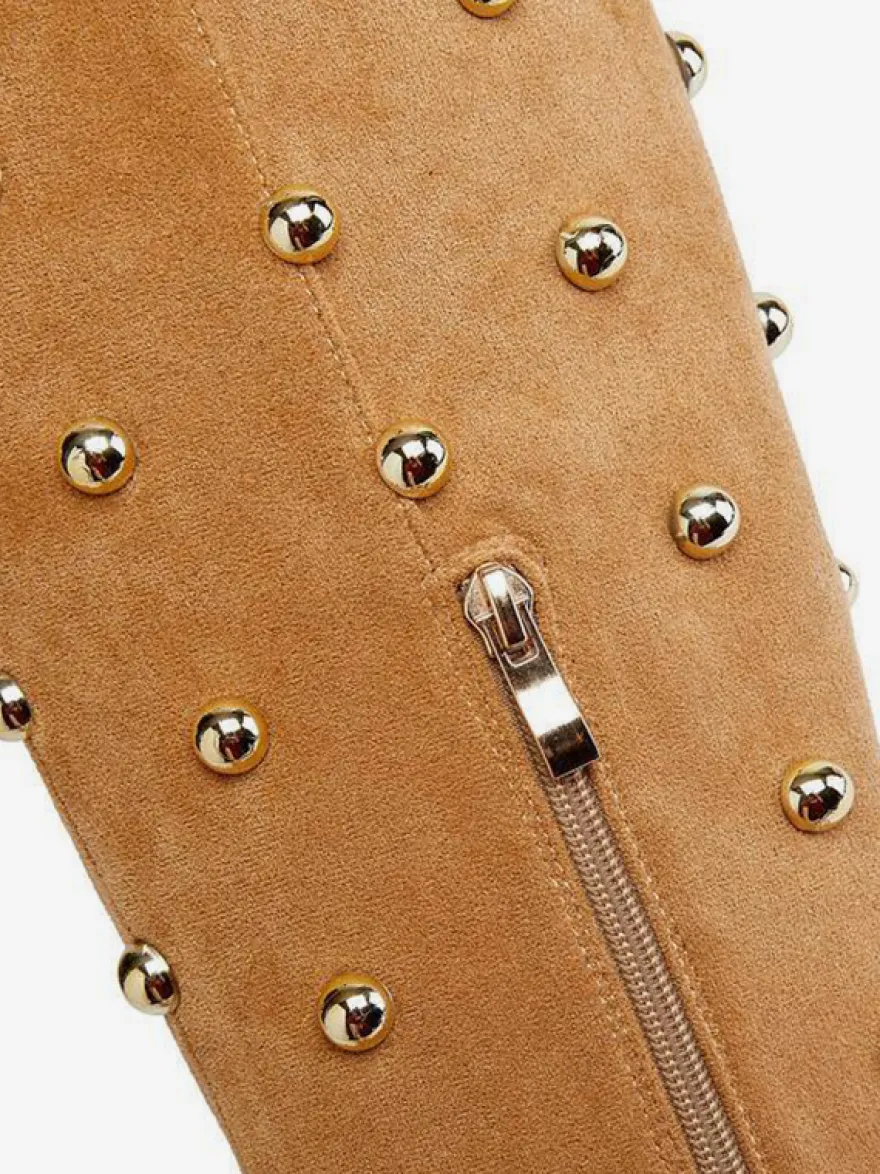 Bottes cuissardes en daim à bout pointu et talons hauts perlés