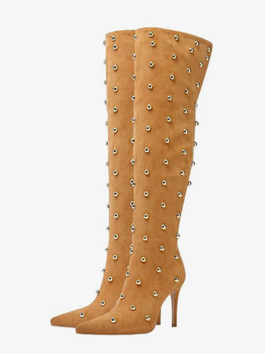 Bottes cuissardes en daim à bout pointu et talons hauts perlés