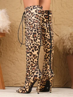 Bottes cuissardes en daim pour femmes bout ouvert imprimé léopard lacets