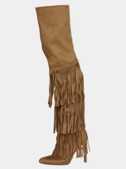 Bottes cuissardes en daim pour femmes bout pointu talon haut cuissardes à pompons