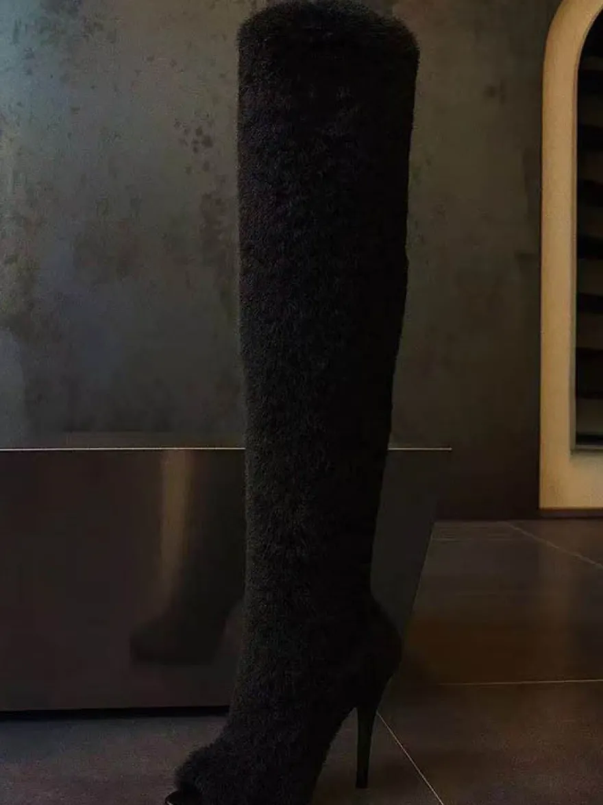 Bottes cuissardes en fausse fourrure à bout ouvert et talons hauts