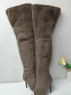 Bottes cuissardes en fausse fourrure à bout ouvert et talons hauts