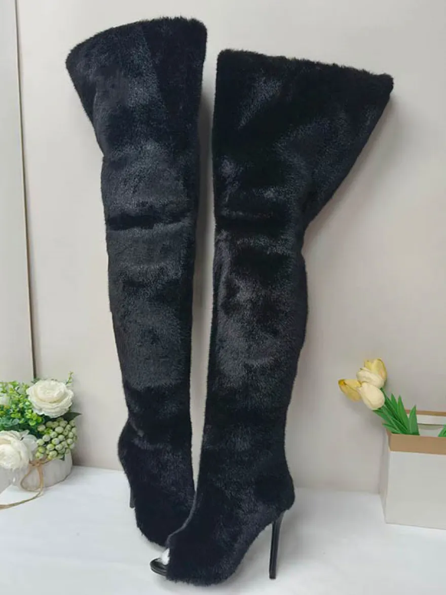 Bottes cuissardes en fausse fourrure à bout ouvert et talons hauts