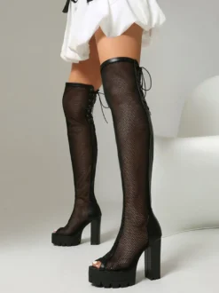 Bottes cuissardes en résille à bout ouvert et plateforme lacets et talons épais