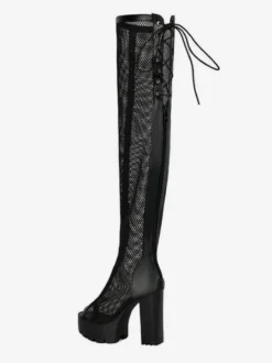 Bottes cuissardes en résille à bout ouvert et plateforme lacets et talons épais