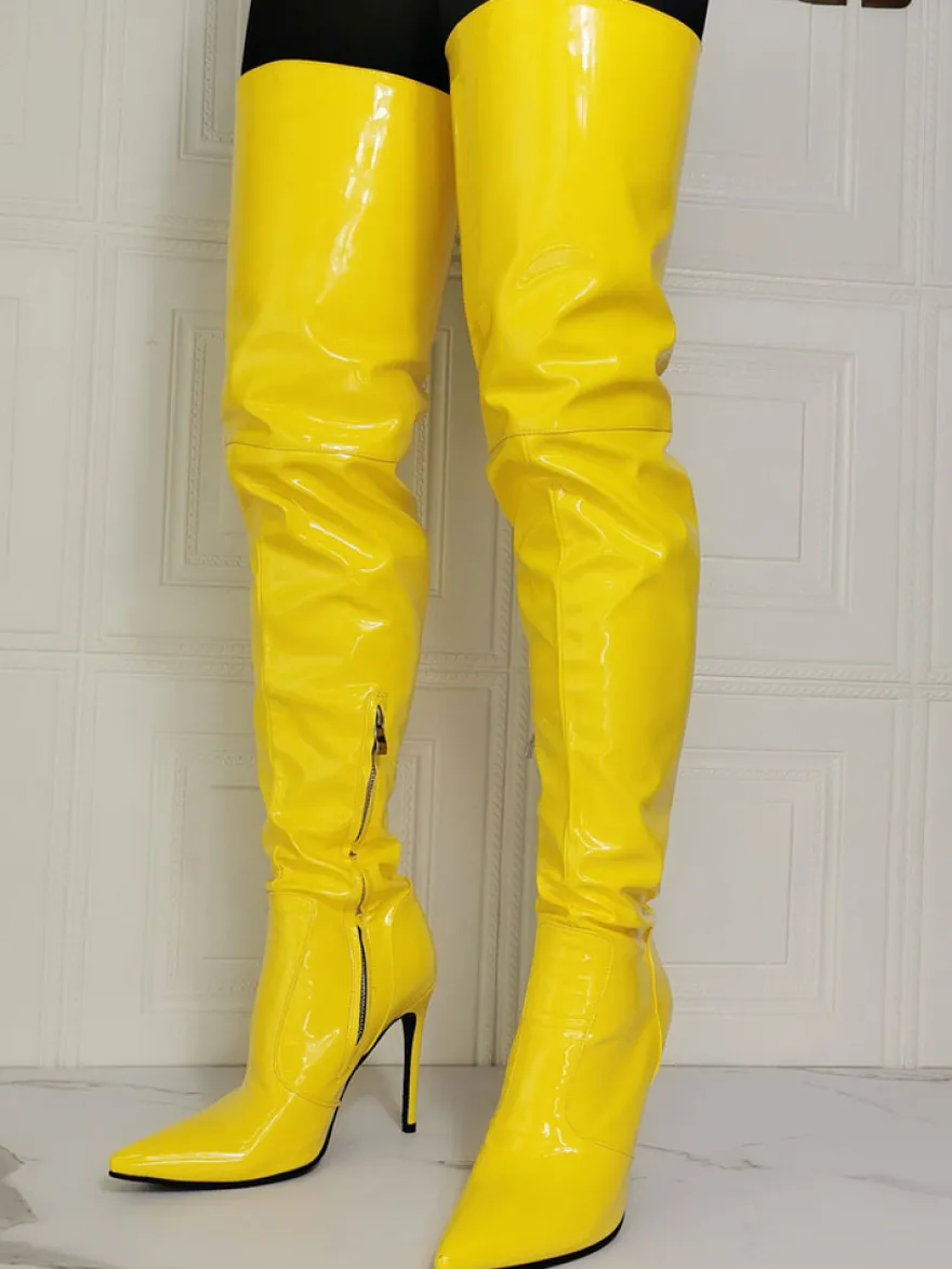 Bottes cuissardes jaunes grandes tailles à talons aiguilles