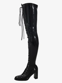 Bottes cuissardes noires pour femmes bout carré lacets talon épais cuissardes