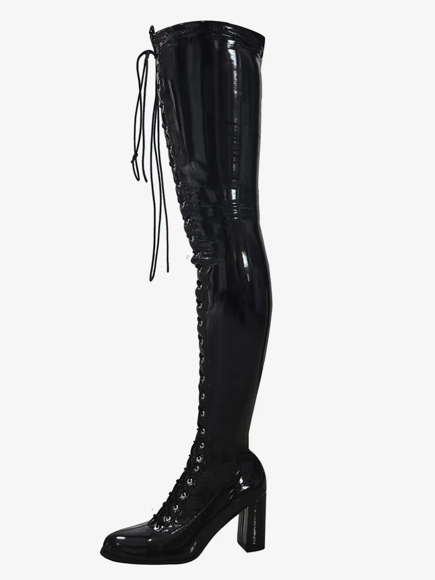 Bottes cuissardes noires pour femmes bout carré lacets talon épais cuissardes