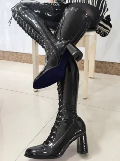 Bottes cuissardes noires pour femmes bout carré lacets talon épais cuissardes