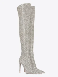Bottes cuissardes à paillettes Bottes argentées à bout pointu et à talons hauts au-dessus du genou