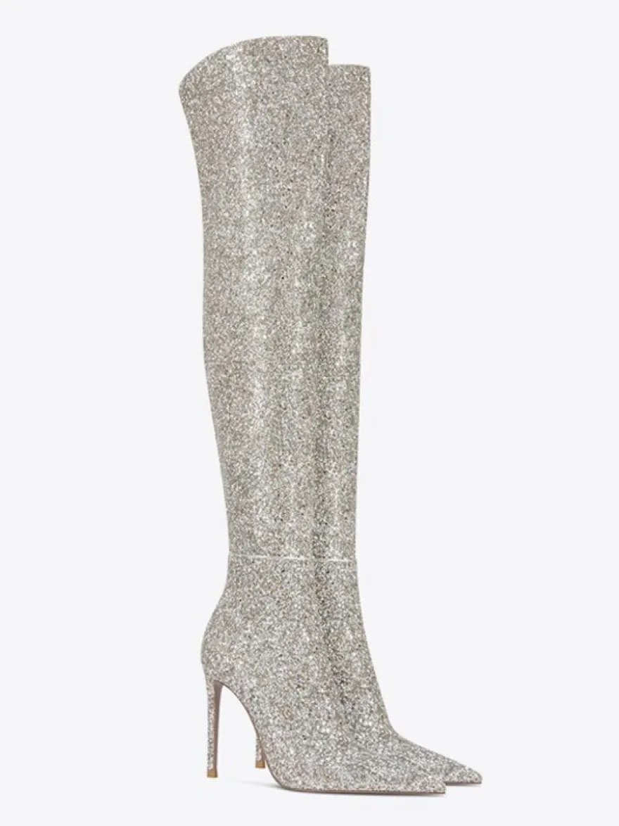 Bottes cuissardes à paillettes Bottes argentées à bout pointu et à talons hauts au-dessus du genou