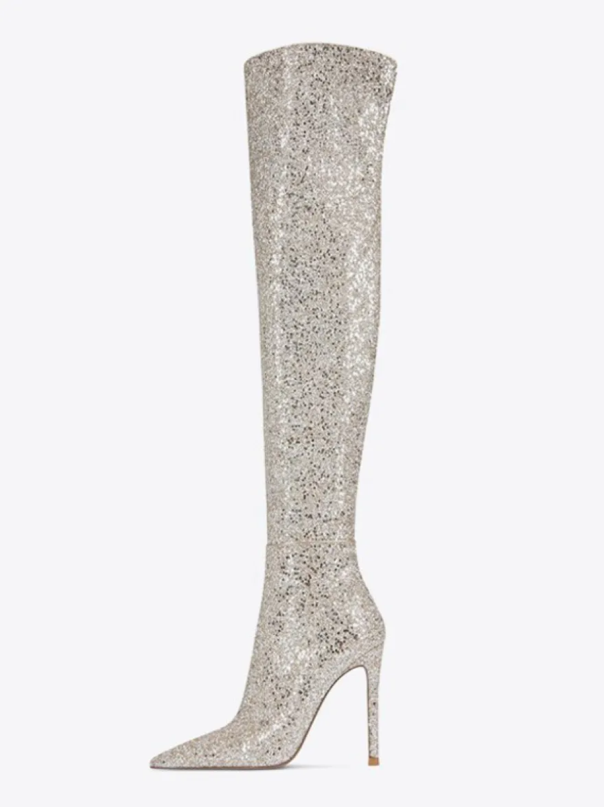 Bottes cuissardes à paillettes Bottes argentées à bout pointu et à talons hauts au-dessus du genou