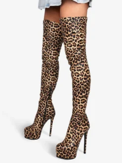 Bottes cuissardes pour femmes bout rond imprimé léopard talon aiguille bottes d'hiver à plateforme pour femmes