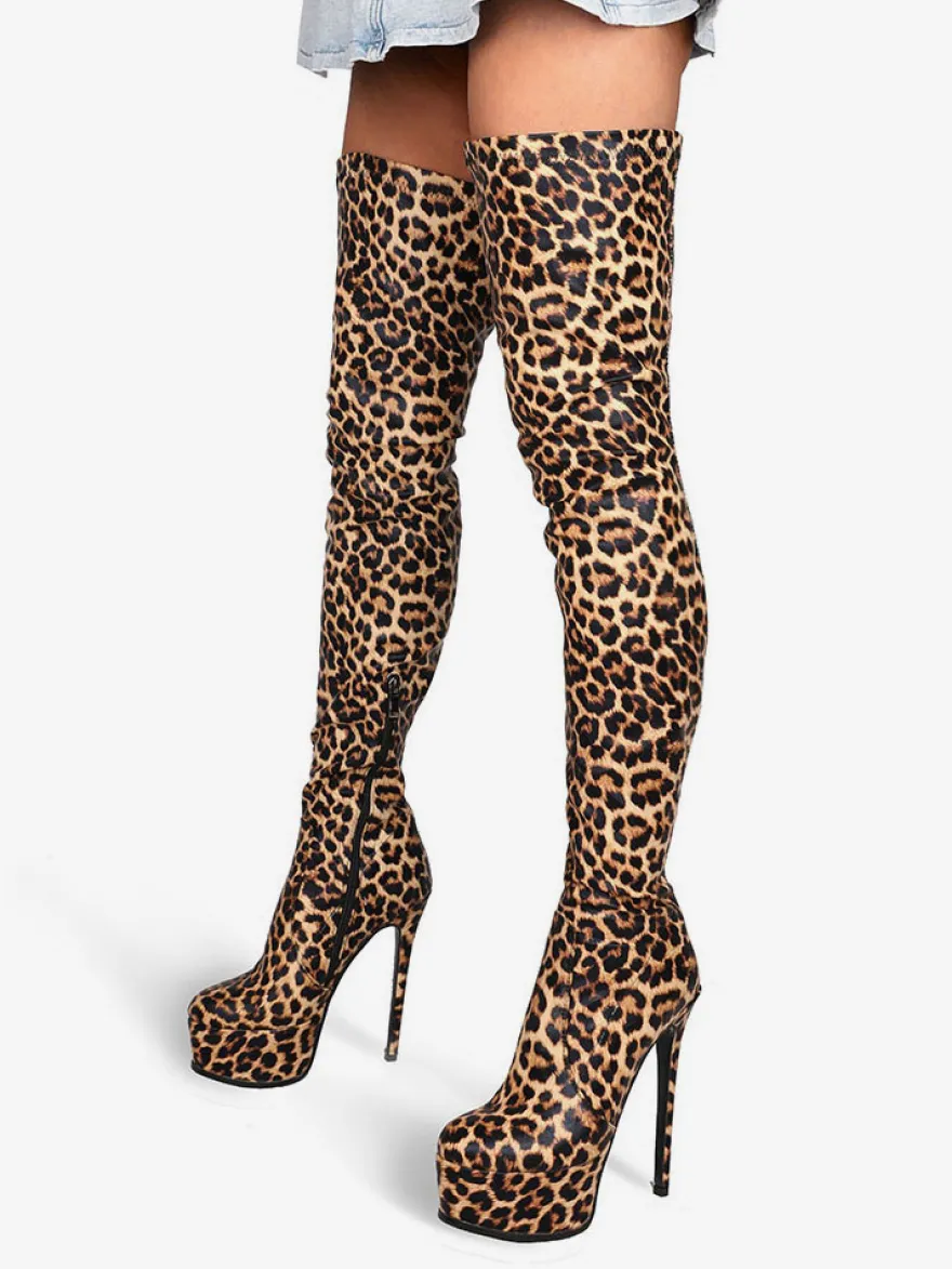 Bottes cuissardes pour femmes bout rond imprimé léopard talon aiguille bottes d'hiver à plateforme pour femmes