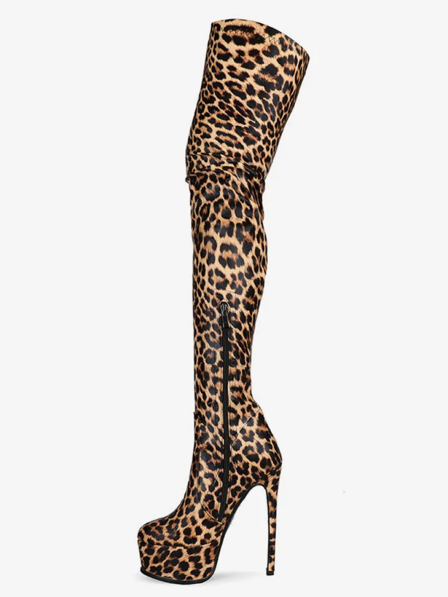 Bottes cuissardes pour femmes bout rond imprimé léopard talon aiguille bottes d'hiver à plateforme pour femmes