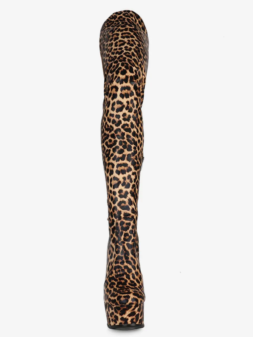 Bottes cuissardes pour femmes bout rond imprimé léopard talon aiguille bottes d'hiver à plateforme pour femmes