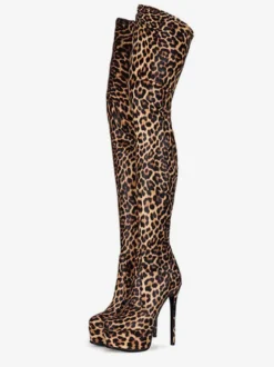 Bottes cuissardes pour femmes bout rond imprimé léopard talon aiguille bottes d'hiver à plateforme pour femmes