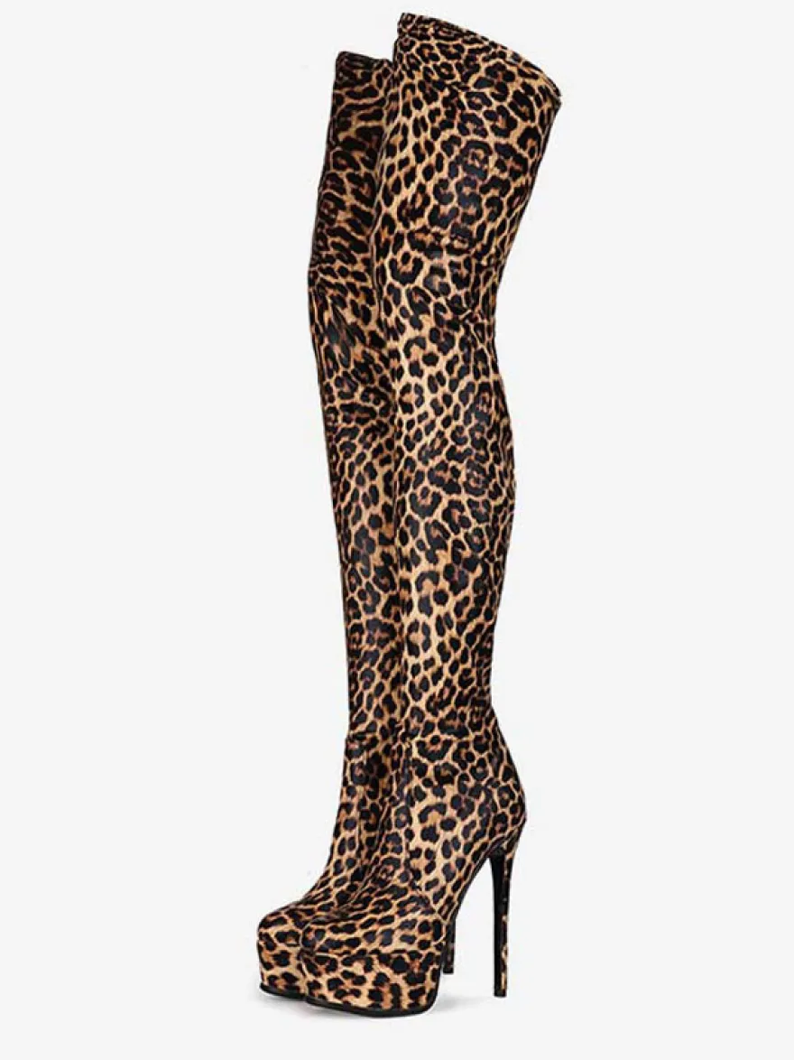 Bottes cuissardes pour femmes bout rond imprimé léopard talon aiguille bottes d'hiver à plateforme pour femmes