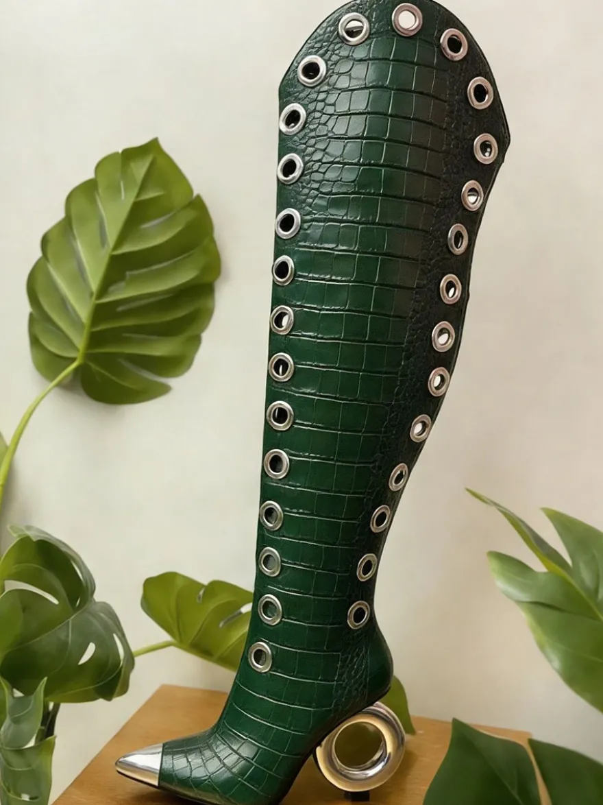 Bottes cuissardes pour femmes bout pointu motif pierre talon haut bottes hautes