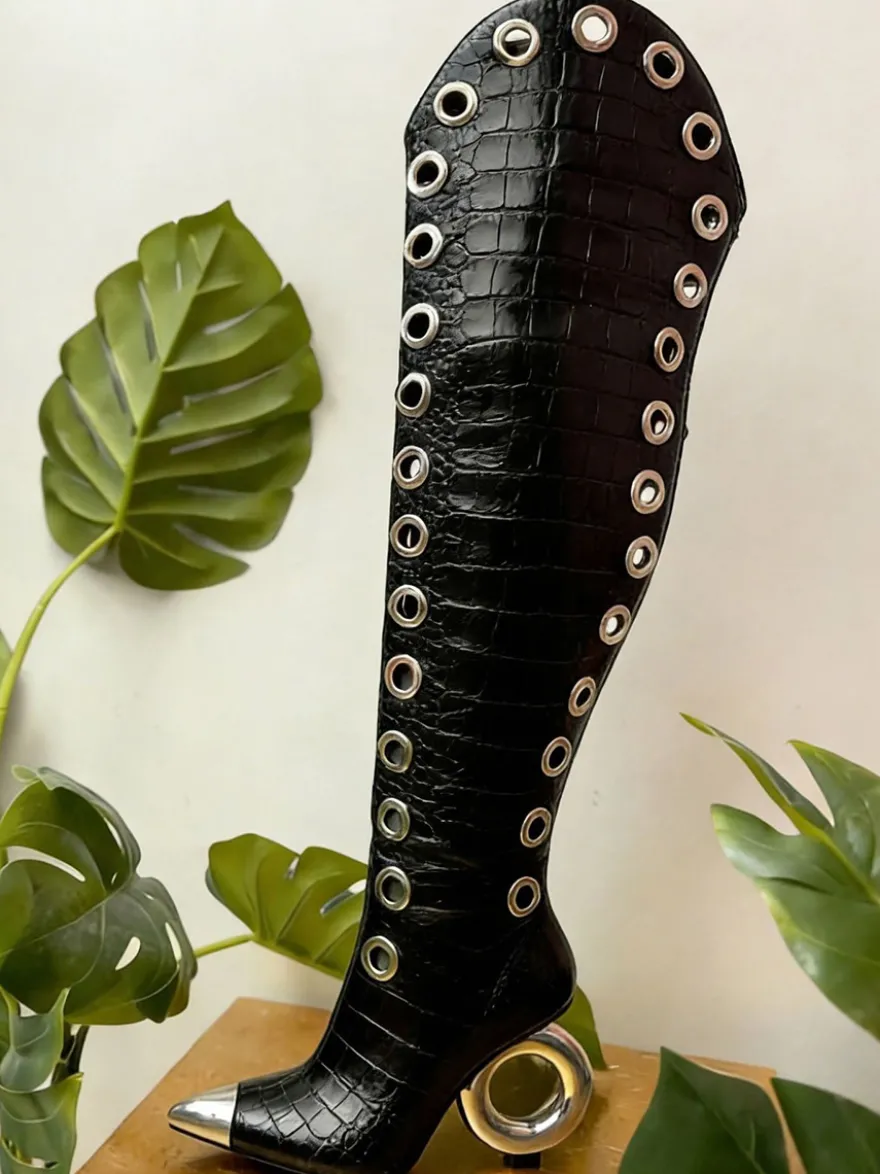 Bottes cuissardes pour femmes bout pointu motif pierre talon haut bottes hautes