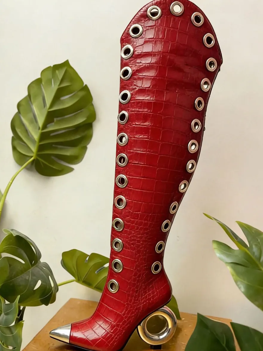 Bottes cuissardes pour femmes bout pointu motif pierre talon haut bottes hautes