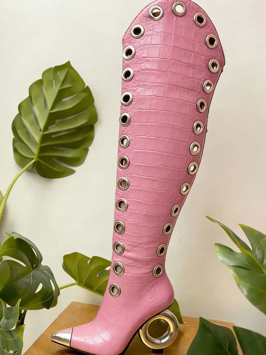 Bottes cuissardes pour femmes bout pointu motif pierre talon haut bottes hautes
