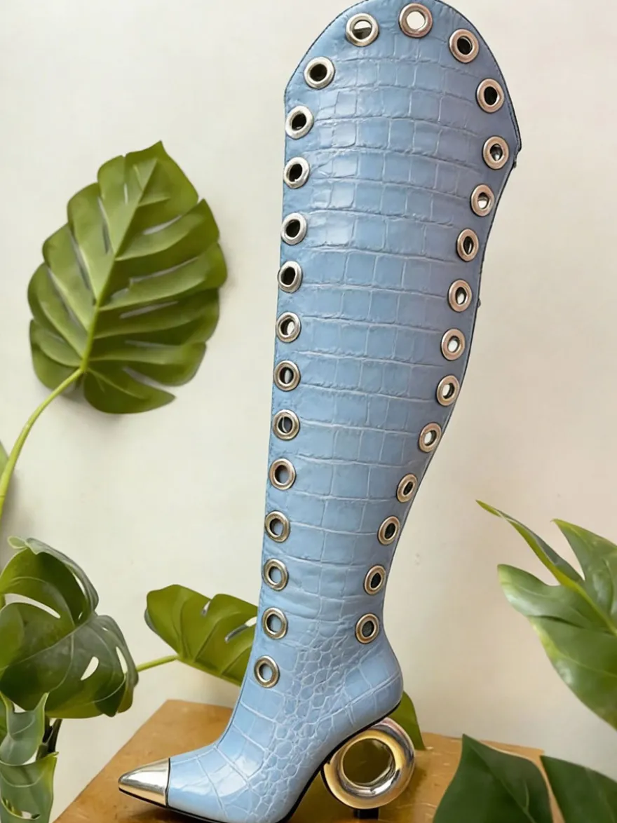 Bottes cuissardes pour femmes bout pointu motif pierre talon haut bottes hautes