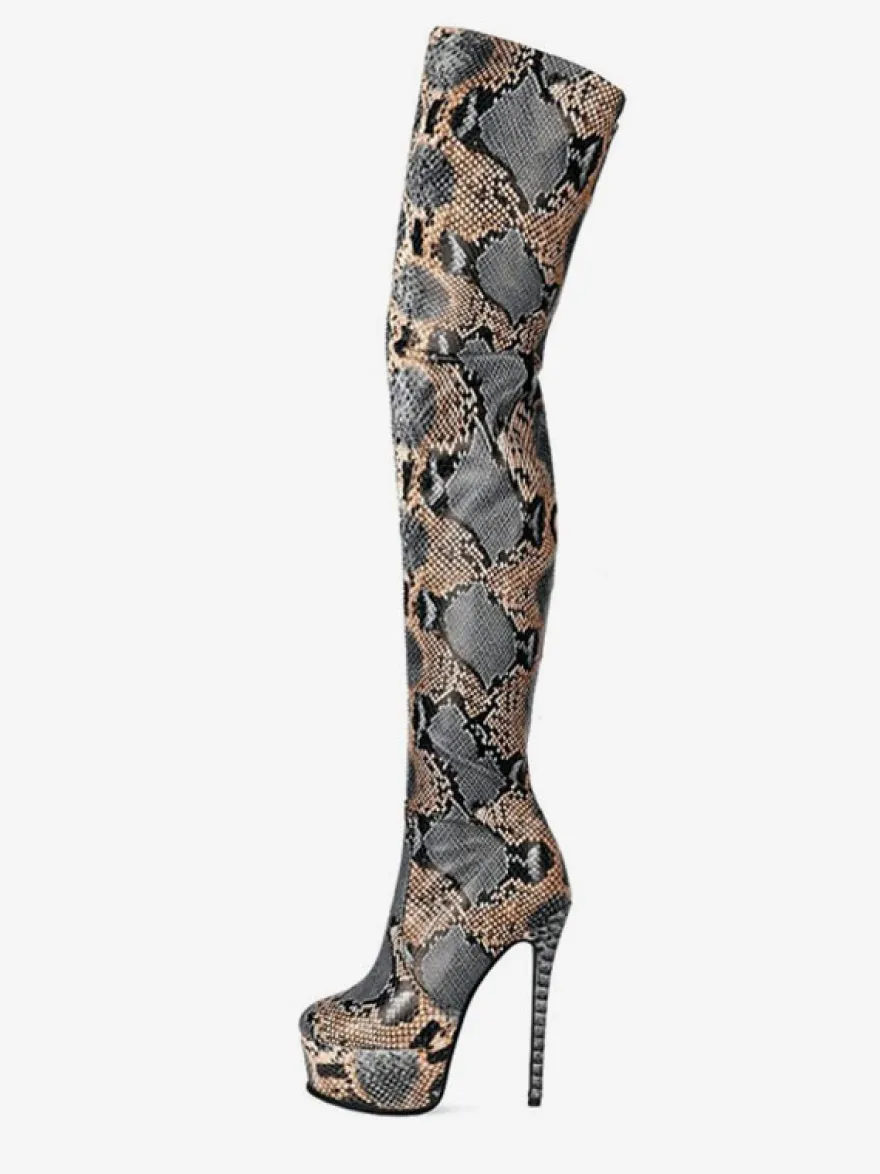 bottes cuissardes python bout rond imprimé serpent bottes d'hiver pour femmes