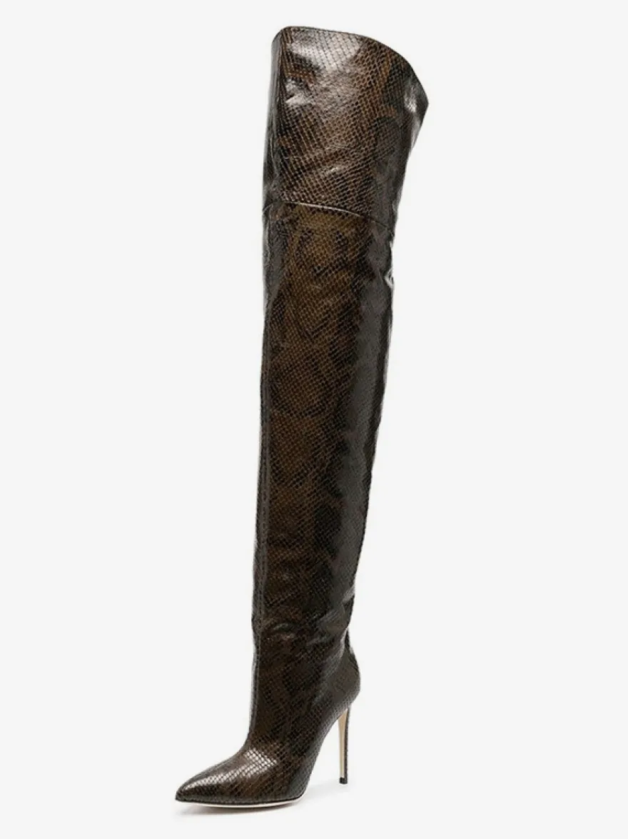 Bottes cuissardes sexy pour femmes bout pointu motif serpent talons hauts